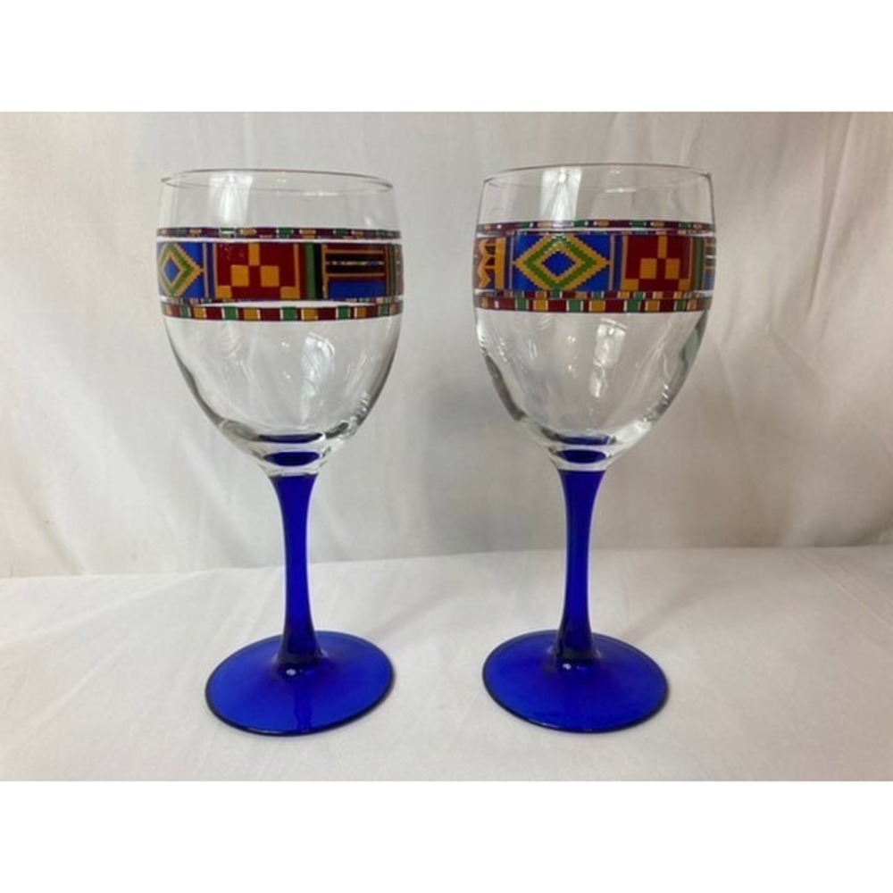 Luminarc France Cobalt Blue Stem Wine Glasses Geometric Tribal Band‎ Set of 2